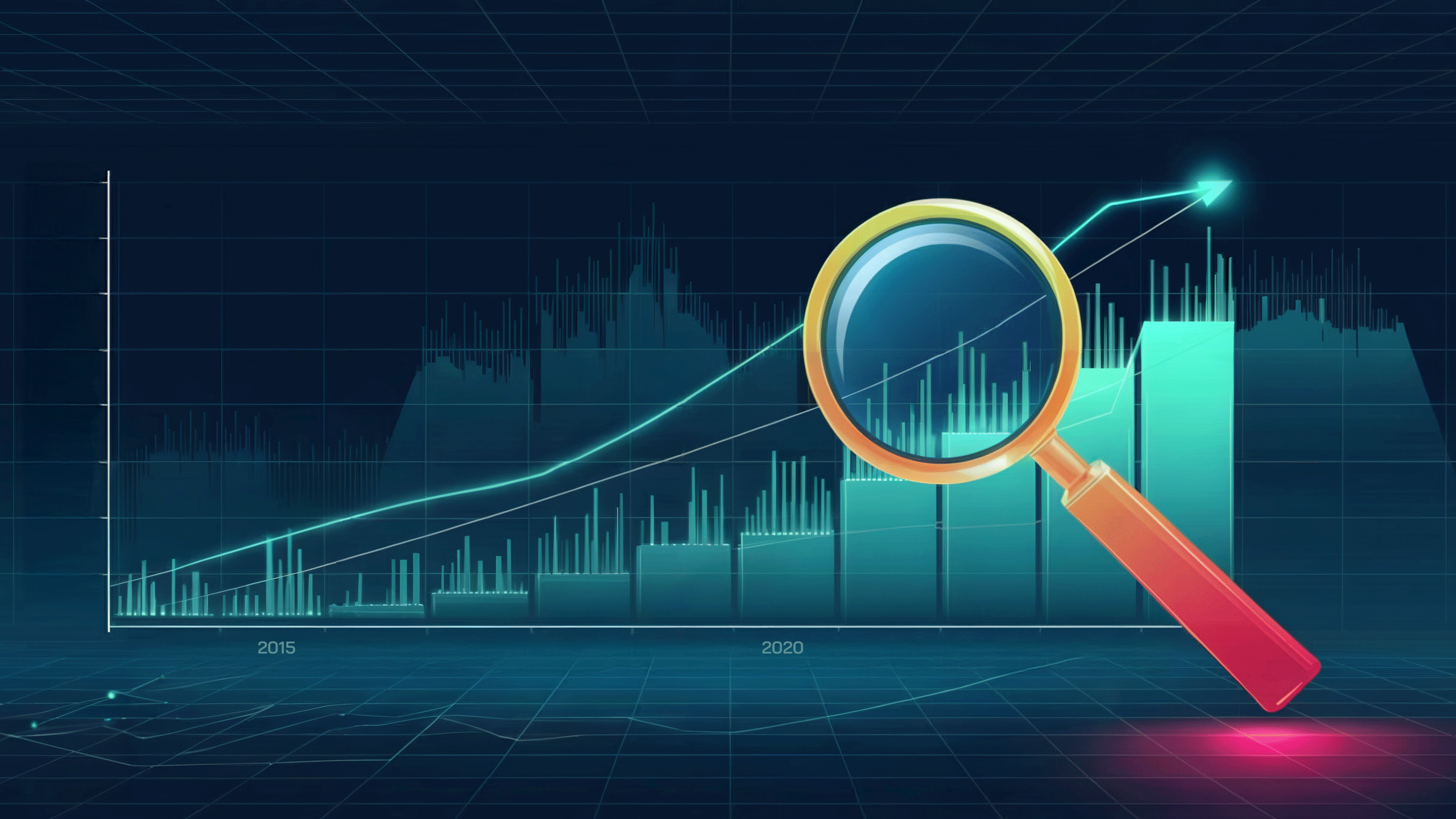 SEO performansını gösteren bir büyüteçle analiz edilen artış grafiği