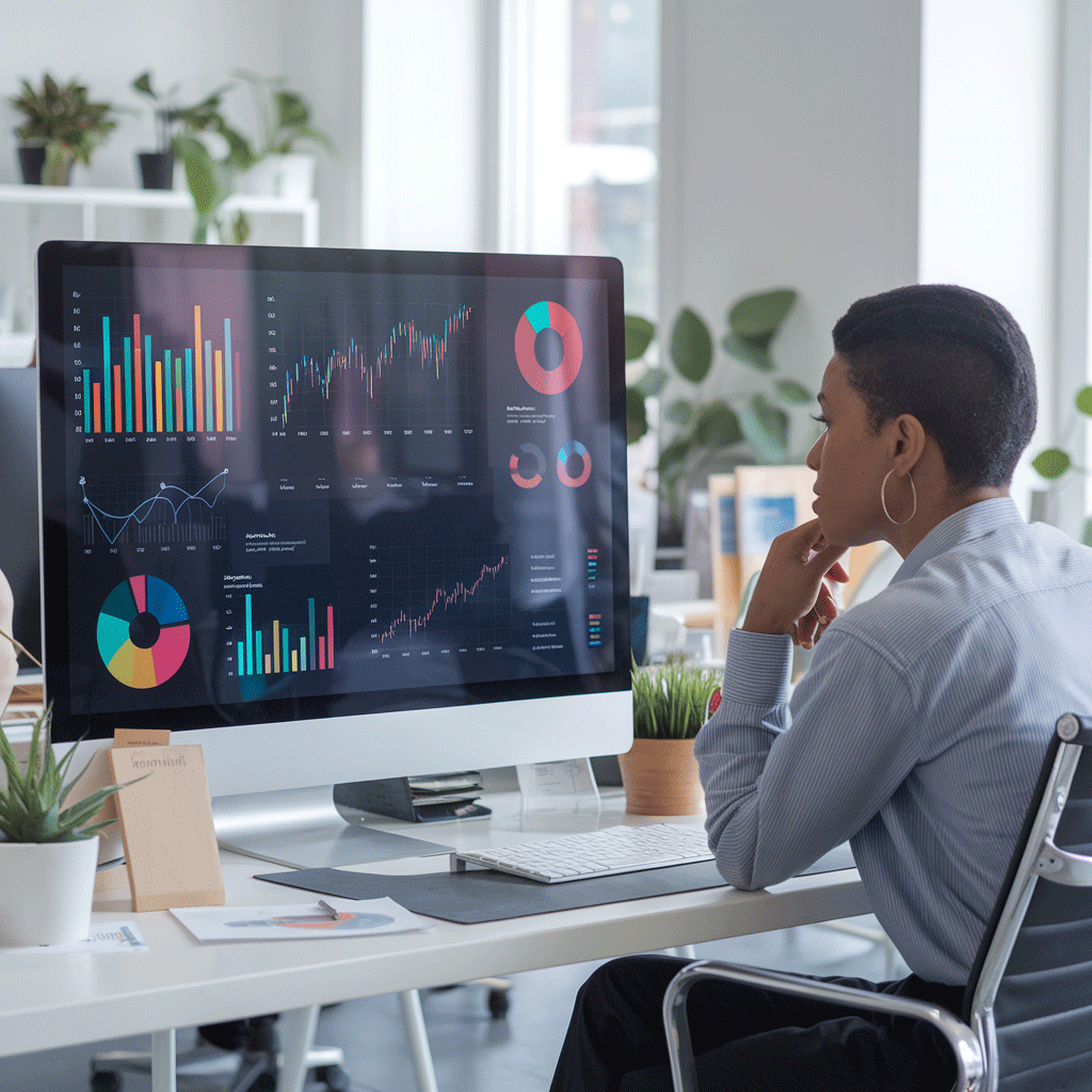 Ofis ortamında bilgisayar ekranında grafik inceleyen bir çalışan.